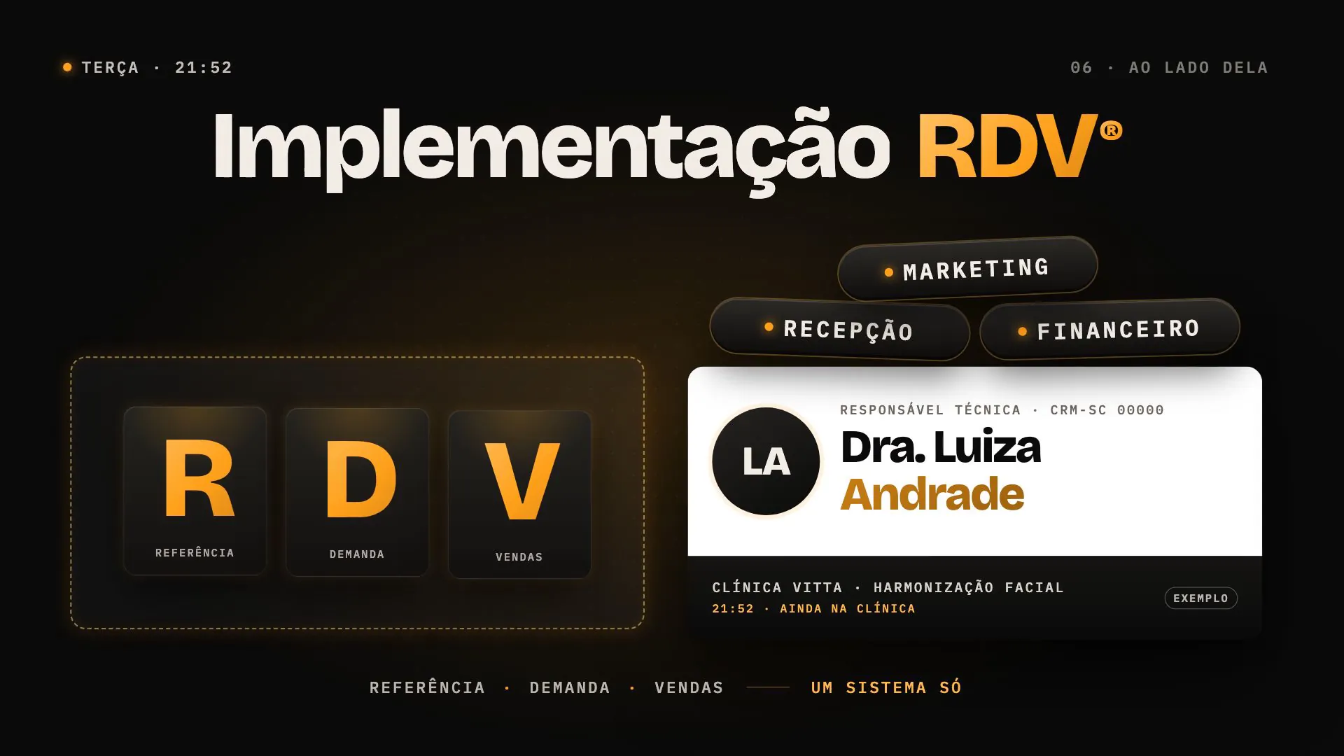 Quadro do vídeo da Implementação RDV®: o título Implementação RDV®, os blocos R, D e V do método e o cartão da Dra. Luiza Andrade, da Clínica Vitta, clínica de exemplo.