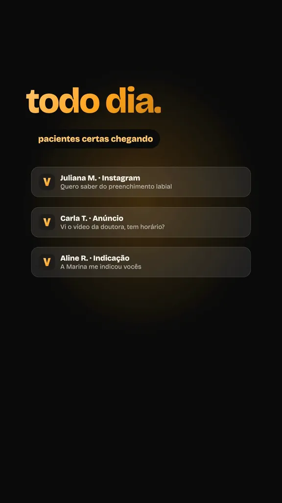 Quadro do vídeo do Método RDV: a frase todo dia, pacientes certas chegando, e três mensagens de pacientes, pelo Instagram, por anúncio e por indicação.