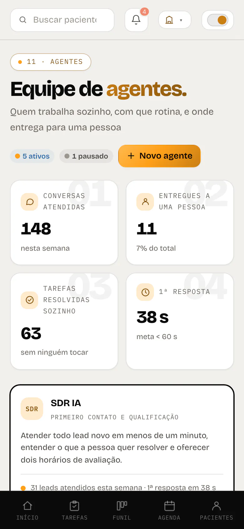 Tela Agentes no celular: os números da semana e o cartão do SDR IA, numa clínica fictícia