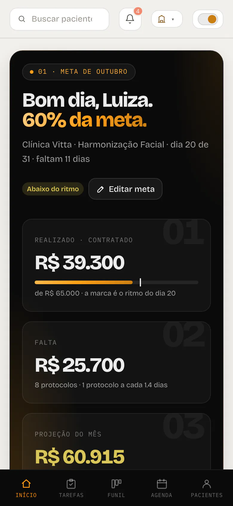 Tela Início da plataforma RDV no celular: a meta do mês, quanto falta e a projeção, numa clínica fictícia