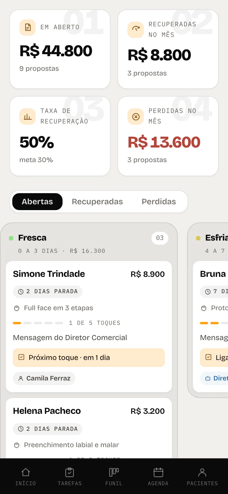 Tela Propostas no celular: o que voltou no mês e cada proposta com os dias parada e a próxima retomada, numa clínica fictícia